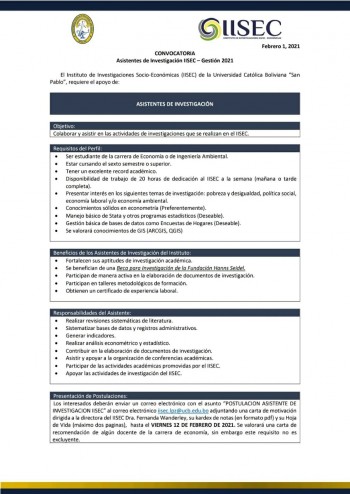 El IISEC abre su convocatoria para  Asistentes de Investigación, Gestión 2021