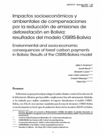 Impactos socioeconómicos y ambientales de compensaciones por la reducción de emisiones de deforestación en Bolivia:  resultados del modelo OSIRIS-Bolivia